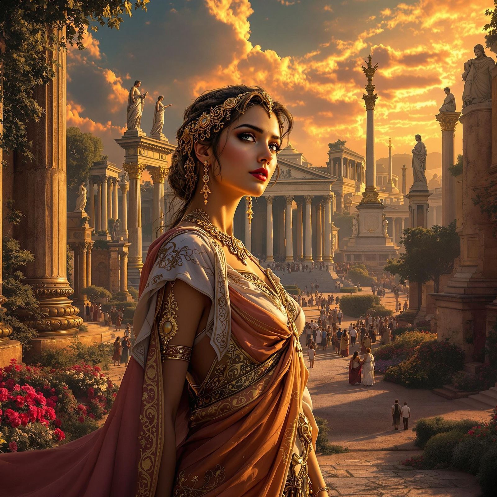 Elegant Roman Woman in a Dreamlike Forum