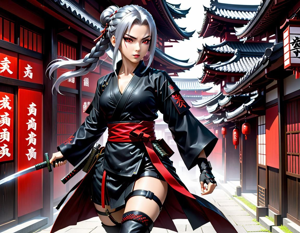 Cyberpunk Ninja Girl Chasing Enemy on Rooftops