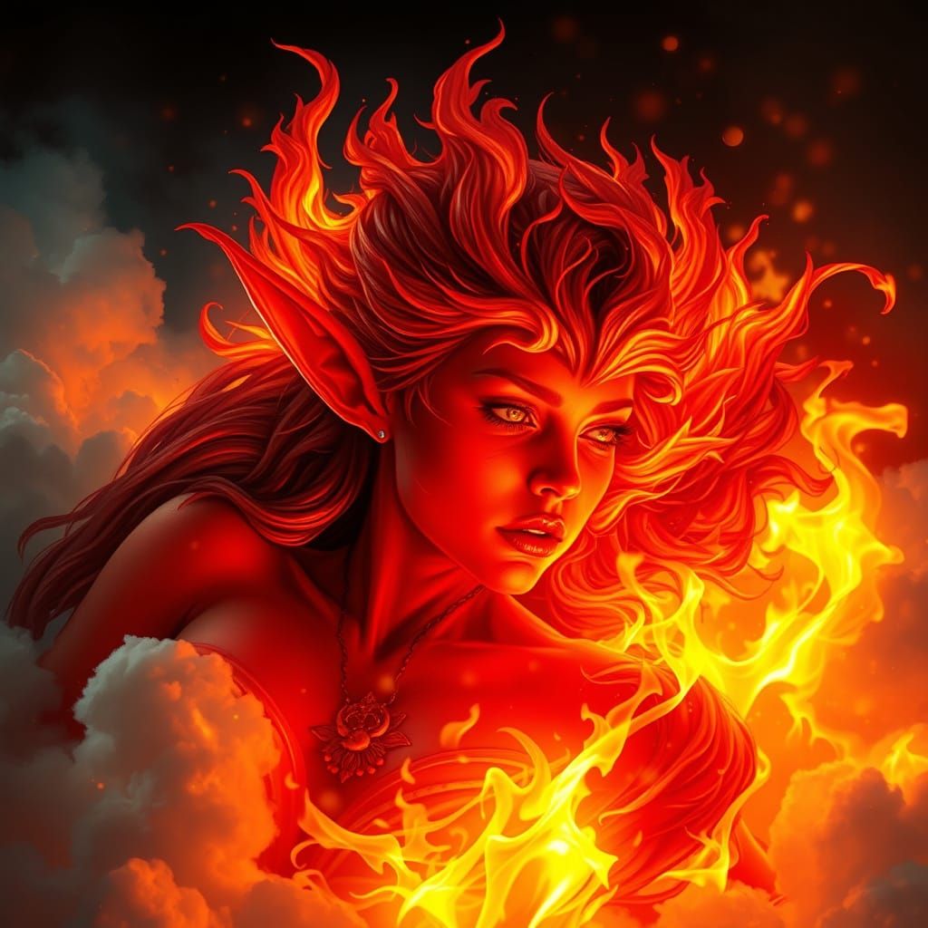 Fiery Elf Goddess in the Clouds: Photorealistic Art