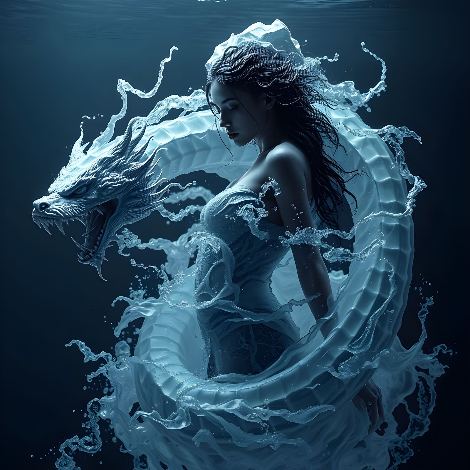 Mysterious Water Goddess with Serpentine Beast in Dark Fanta...