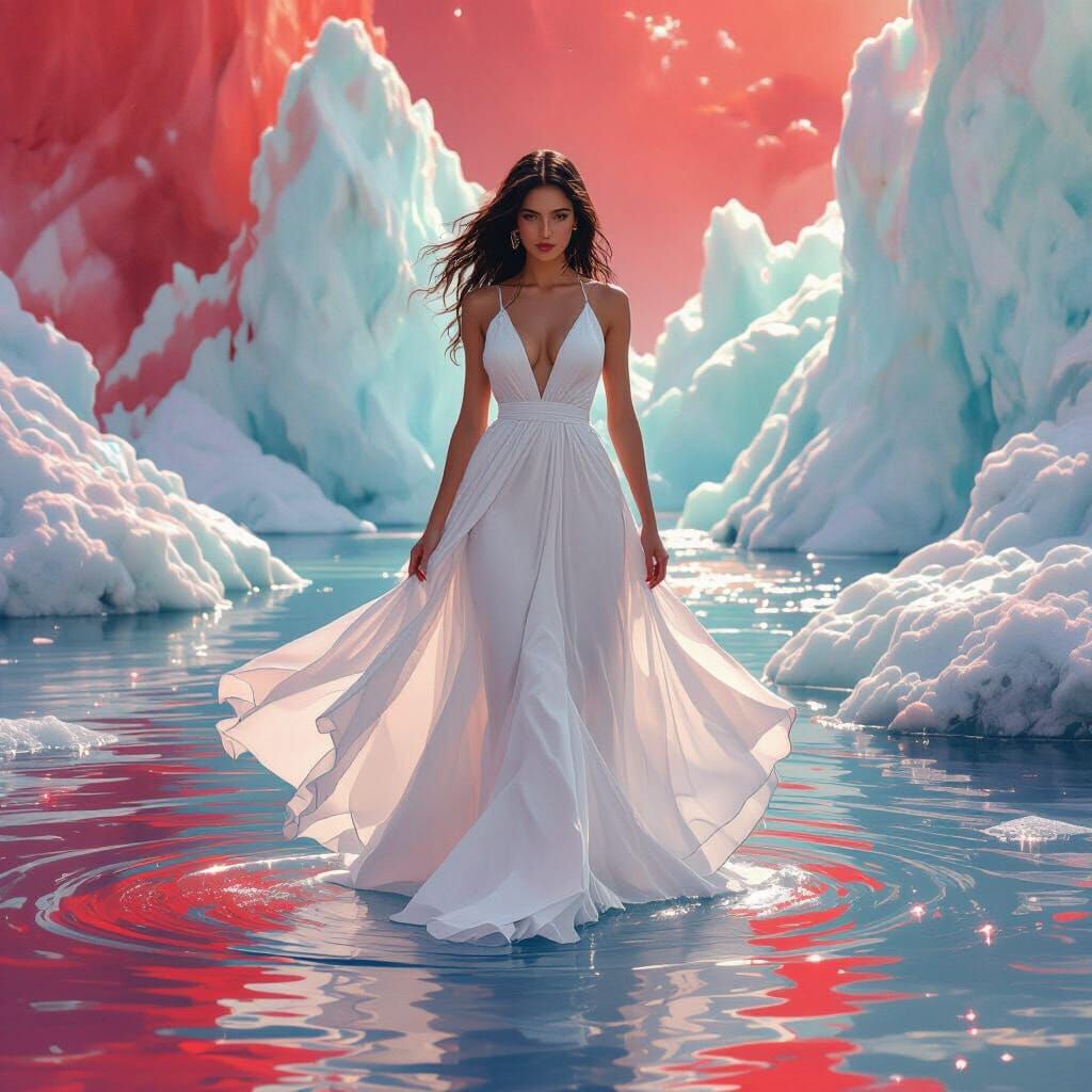 Woman in Flowing Dress with Opal Colors and Dreamy Textures