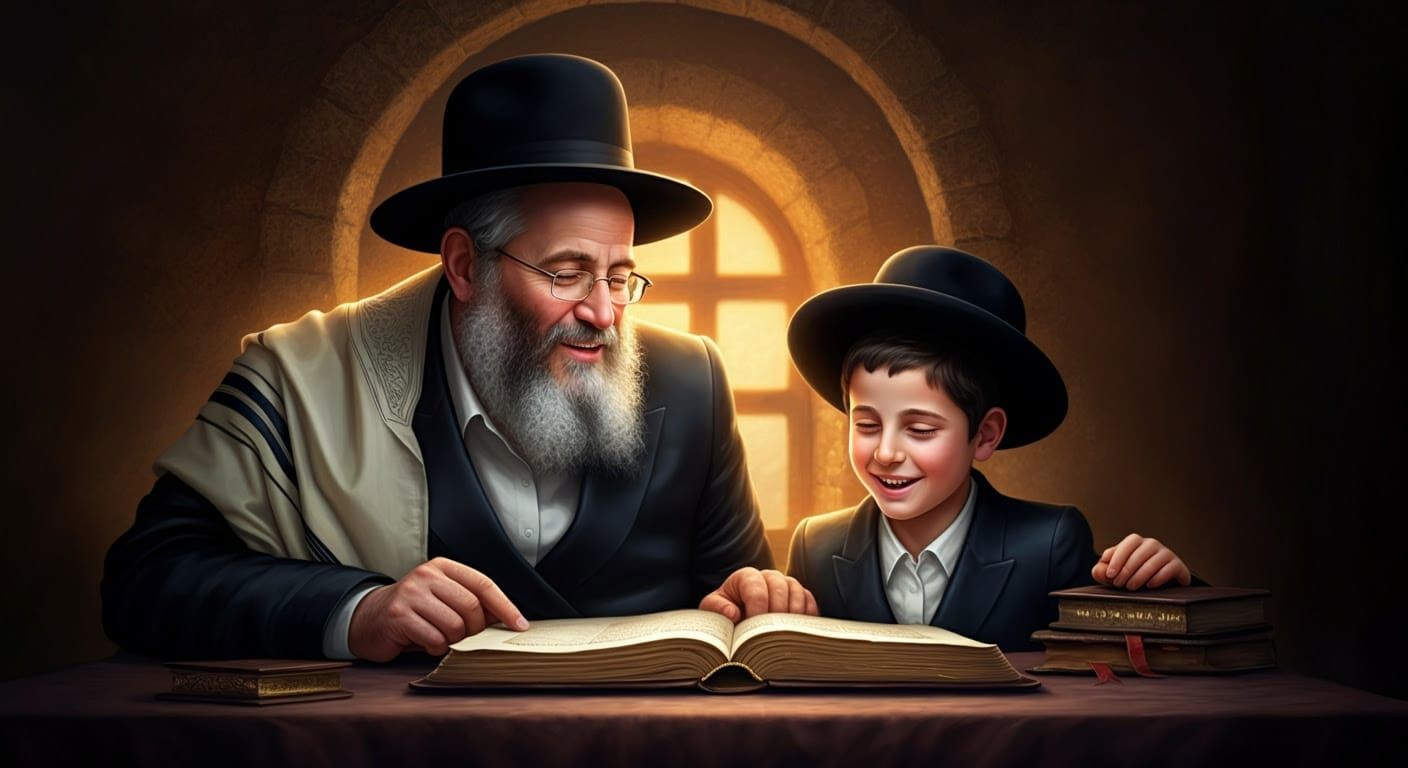 A Father and Son Study Torah Together in Warm, Spiritual Har...