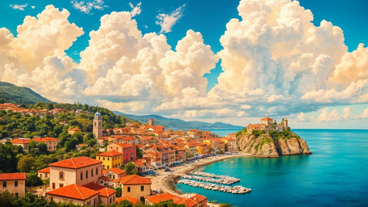 Renaissance Coastal Village in Vibrant Colors