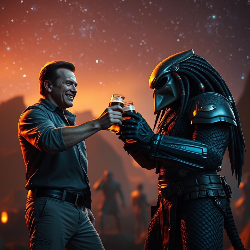 Arnold Schwarzenegger and Predator Toast Under Starry Sky