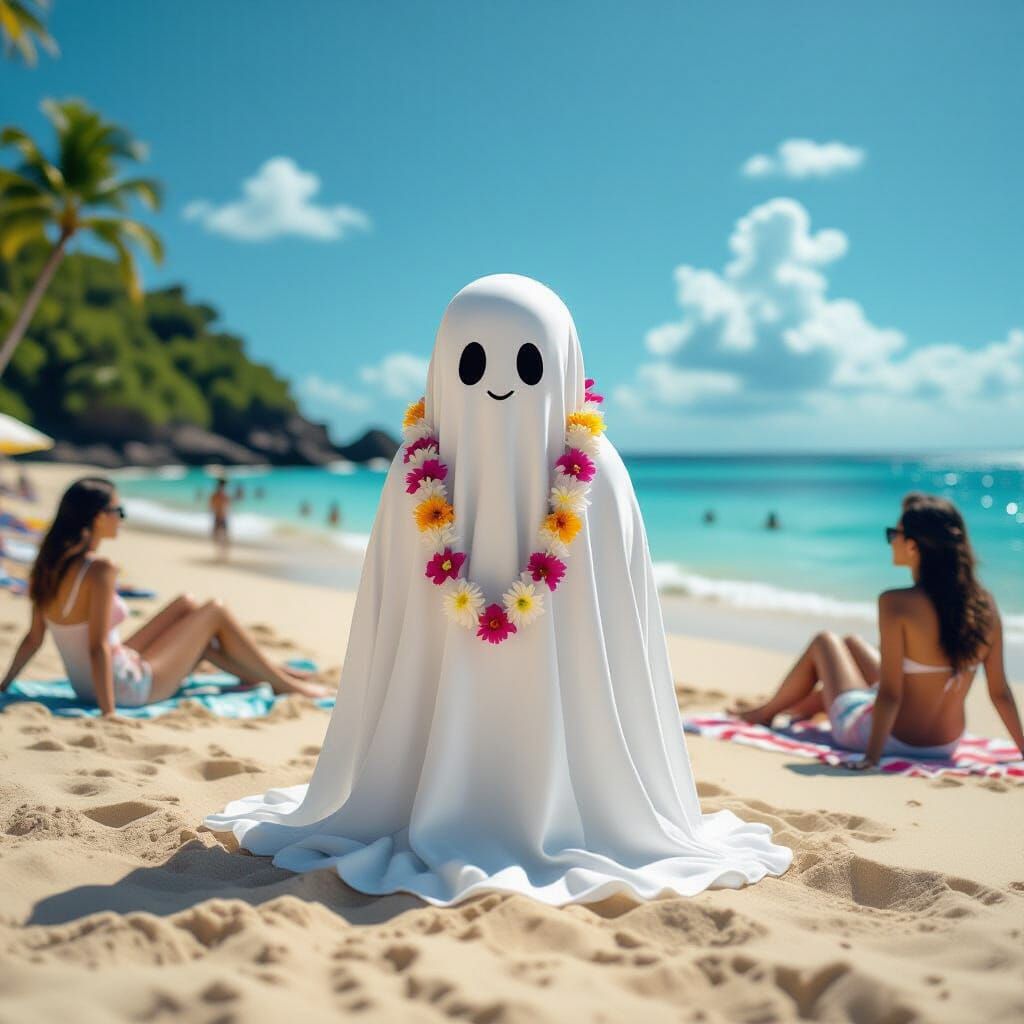 Ghost on Vacation: Surreal Beach Scene