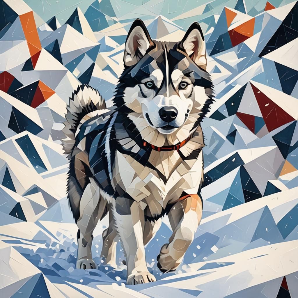 Cubist Husky in Snow, Geometric Art Deco Style