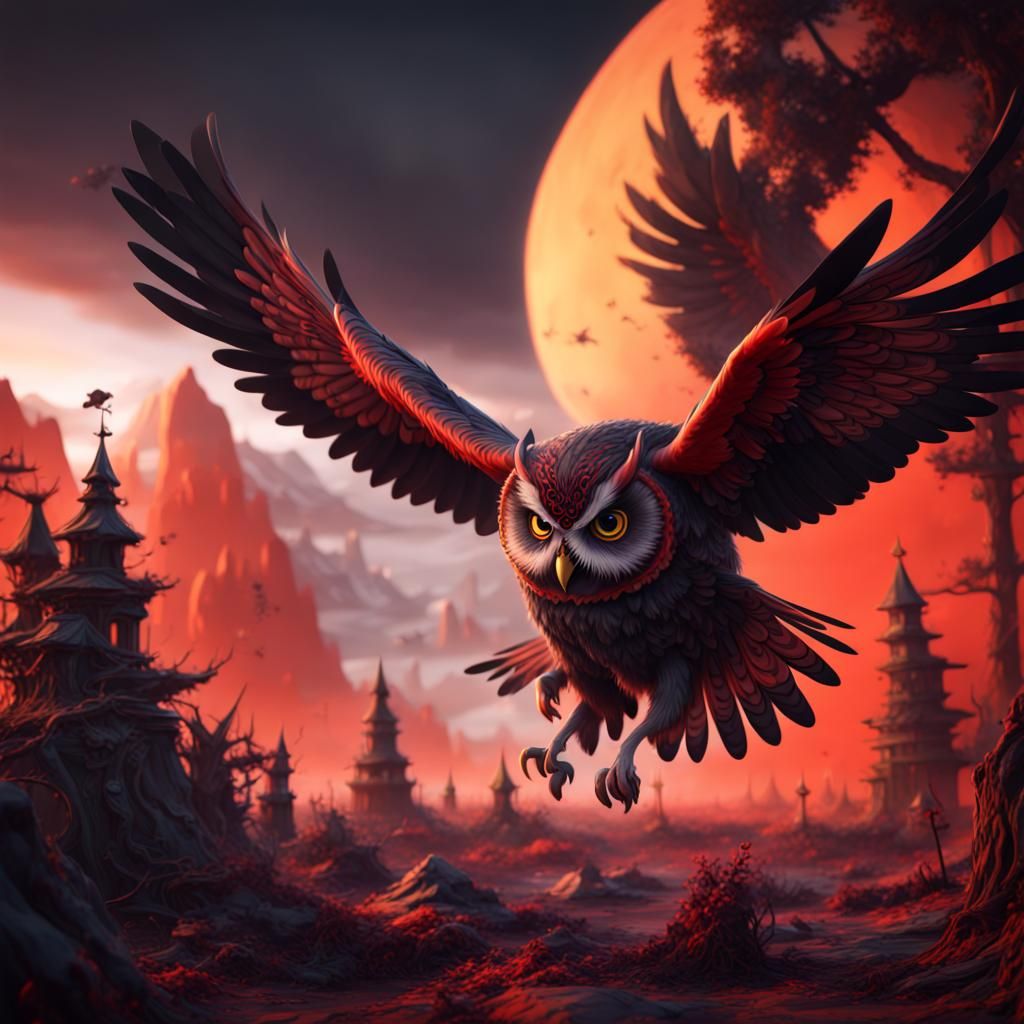 Fantastical Red and Black Owl Concept Art