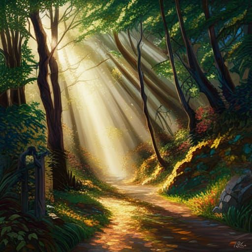 Sunlit Forest Path in Glass Mosaic Style