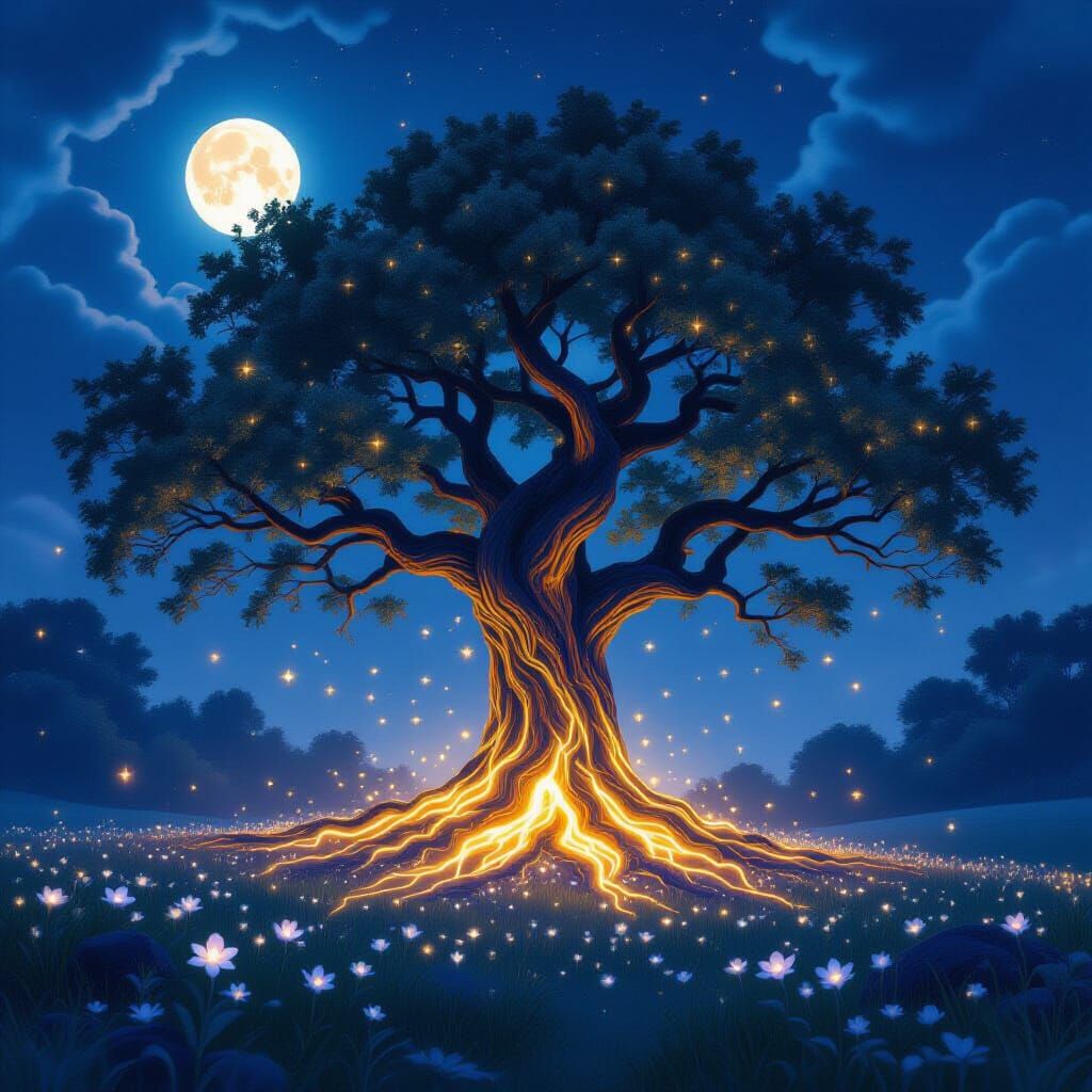Glowing Oak in Moonlit Clearing: Digital Art