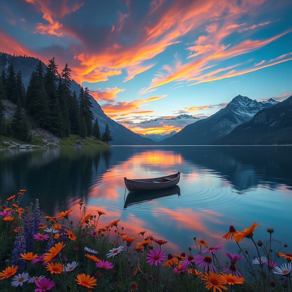 Surreal Mountain Lake at Dusk in Vibrant Colors