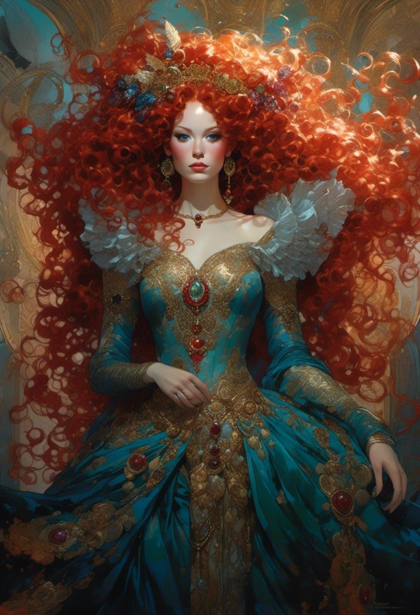 Queen with Red Hair and Rainbow Gems, Digital Art