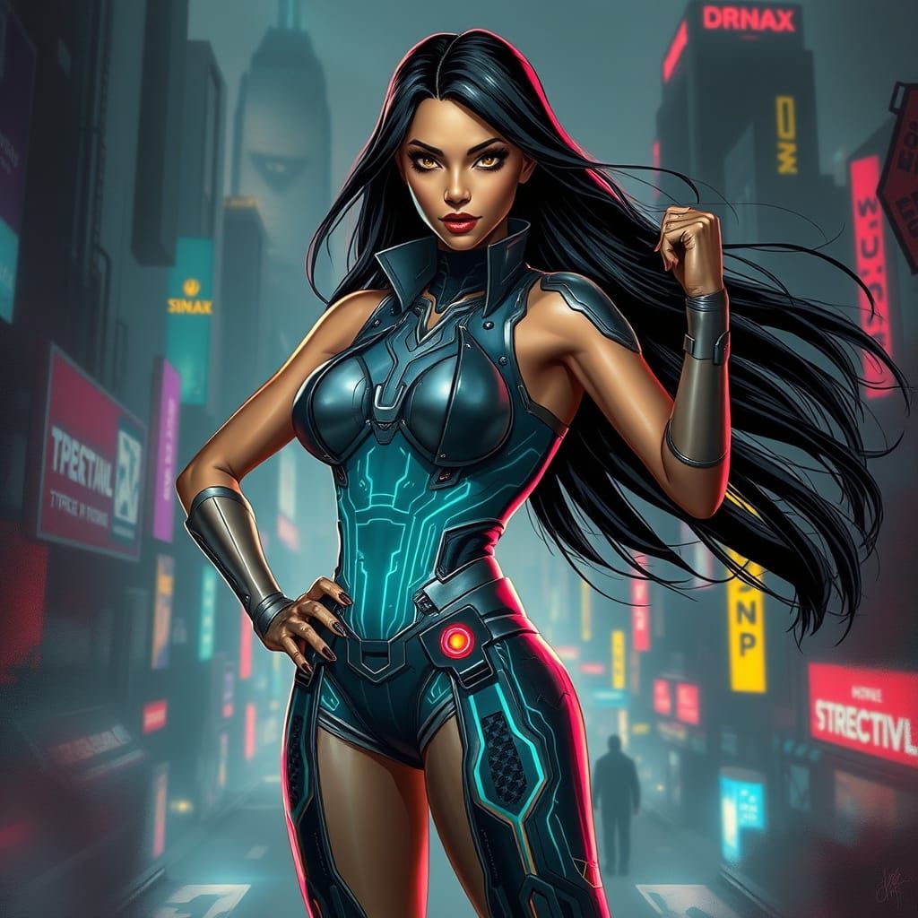 Cyberpunk Superheroine in Dystopian Metropolis