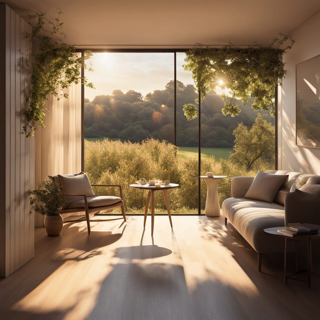 Interior view from a cozy home in the late afternoon, and th...