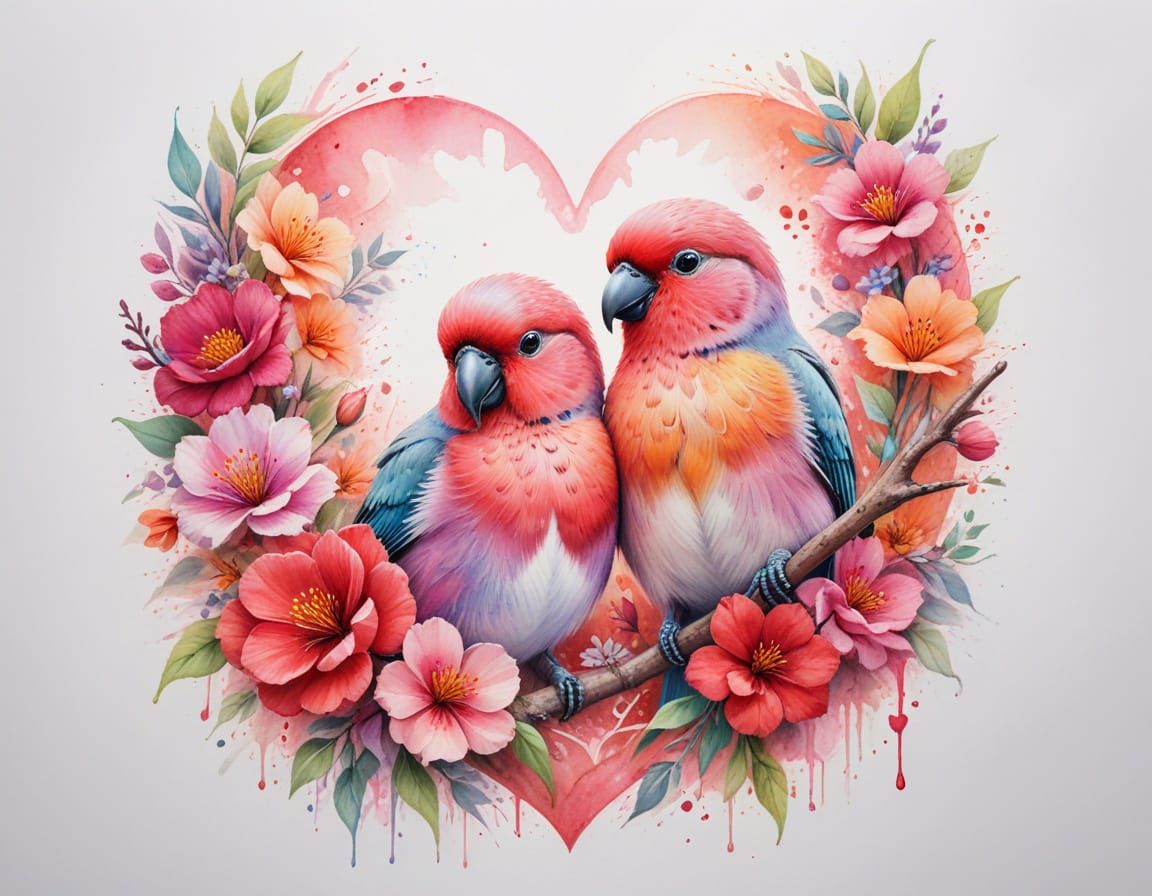 Lovebirds Nestled in Blooms, Pastel Watercolour Art