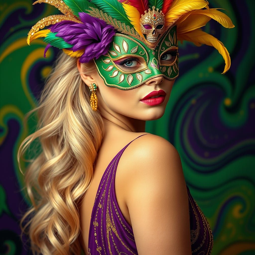 Glamorous Woman in Art Deco Mardi Gras Evening Gown