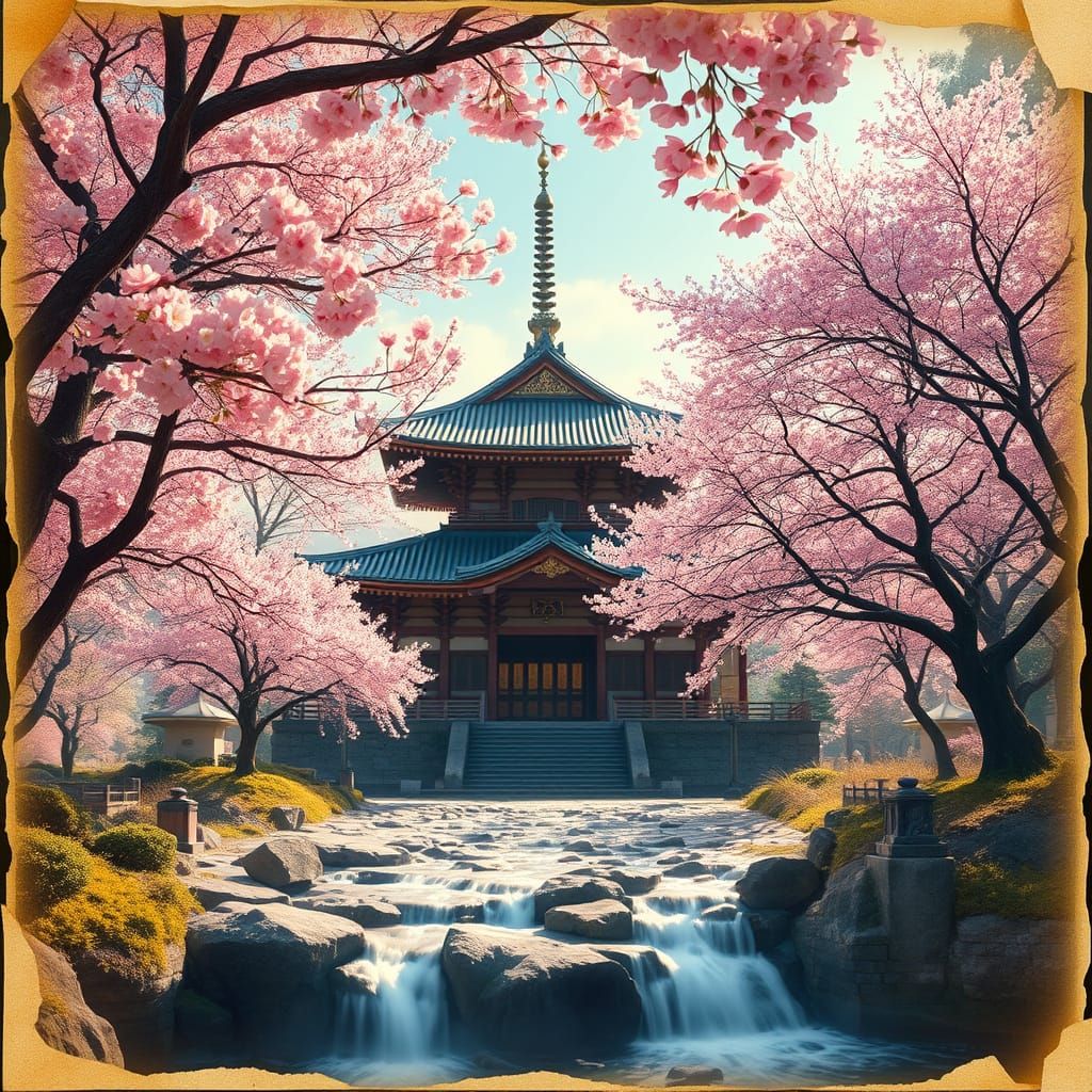 Serene Shinto Temple Sakura Waterfall in Vibrant Holographic...