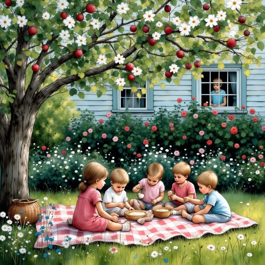 Grandchildren Play Under Blooming Fruit Trees in Whimsical G...