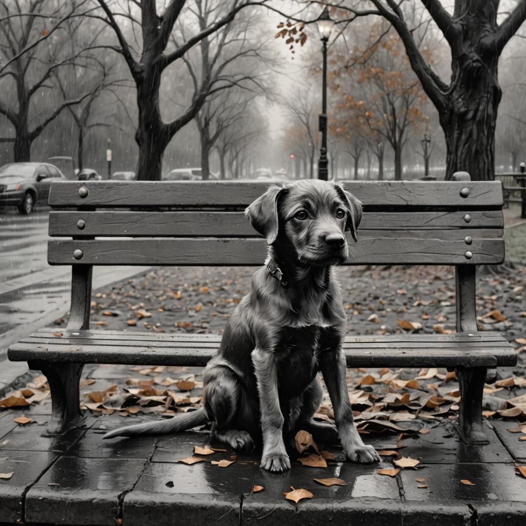 Puppy in Rainy Park: Charcoal Drawing with Chiaroscuro