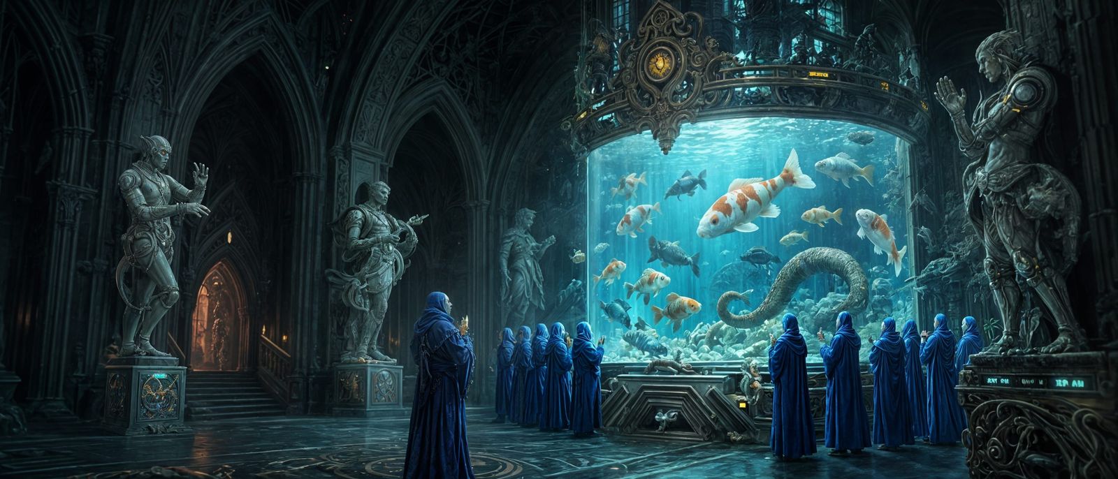 Massive Cyberpunk Aquarium in Gothic Vault