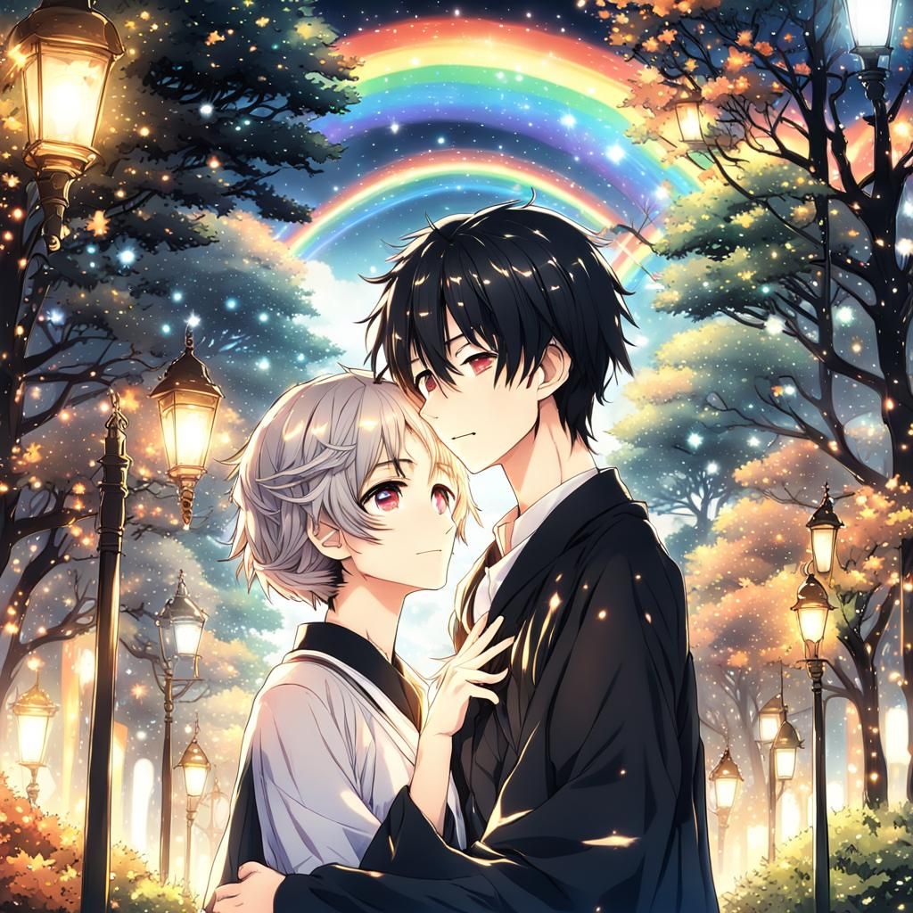 Anime Couple in Love with Rainbow Lighting