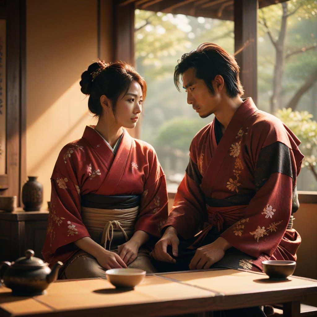 Kurosawa-Inspired Samurai Scene in Traditional Japanese Sett...