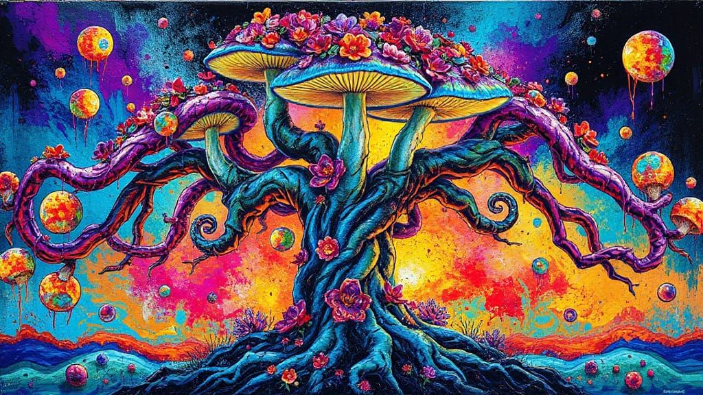 Vibrant, Iridescent Tree with Gnarled Trunk and Glowing Mush...