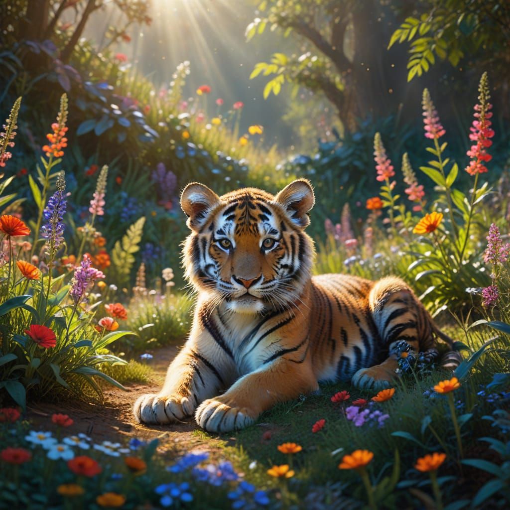 Vibrant Baby Tiger Amidst Wildflowers in Impressionist Maste...