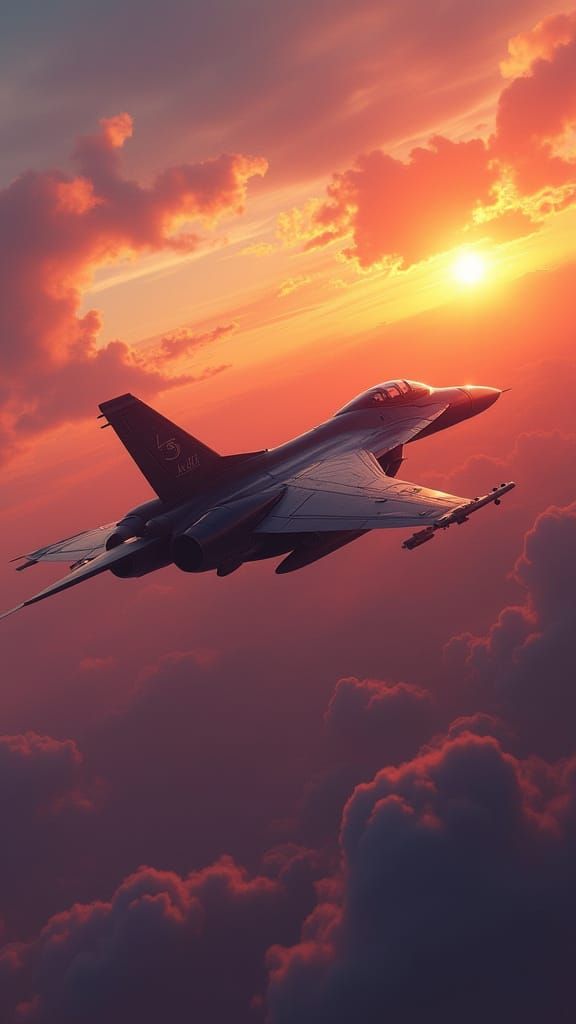 Futuristic Fighter Jet Soars Through Dramatic Sunset Sky