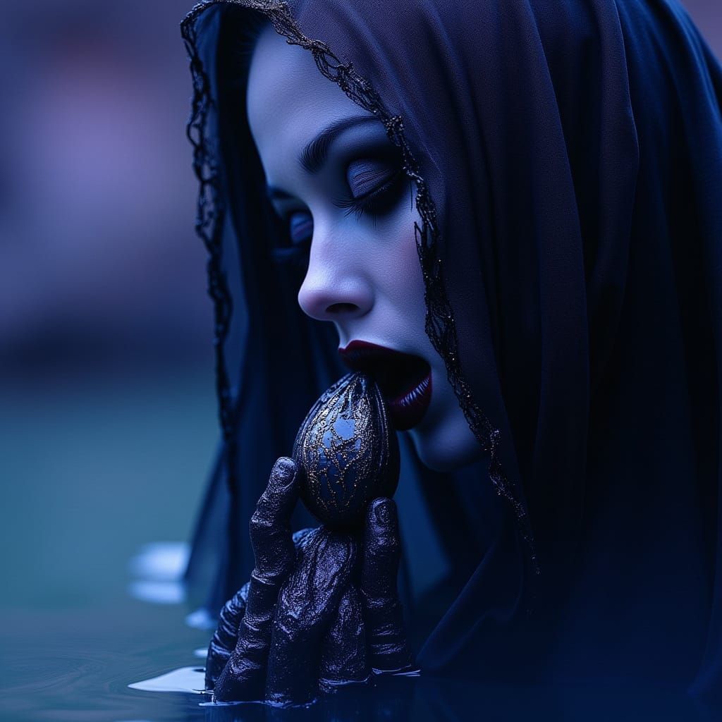 Dark Elf Woman Devours Mollusk in Ethereal Underground Lake