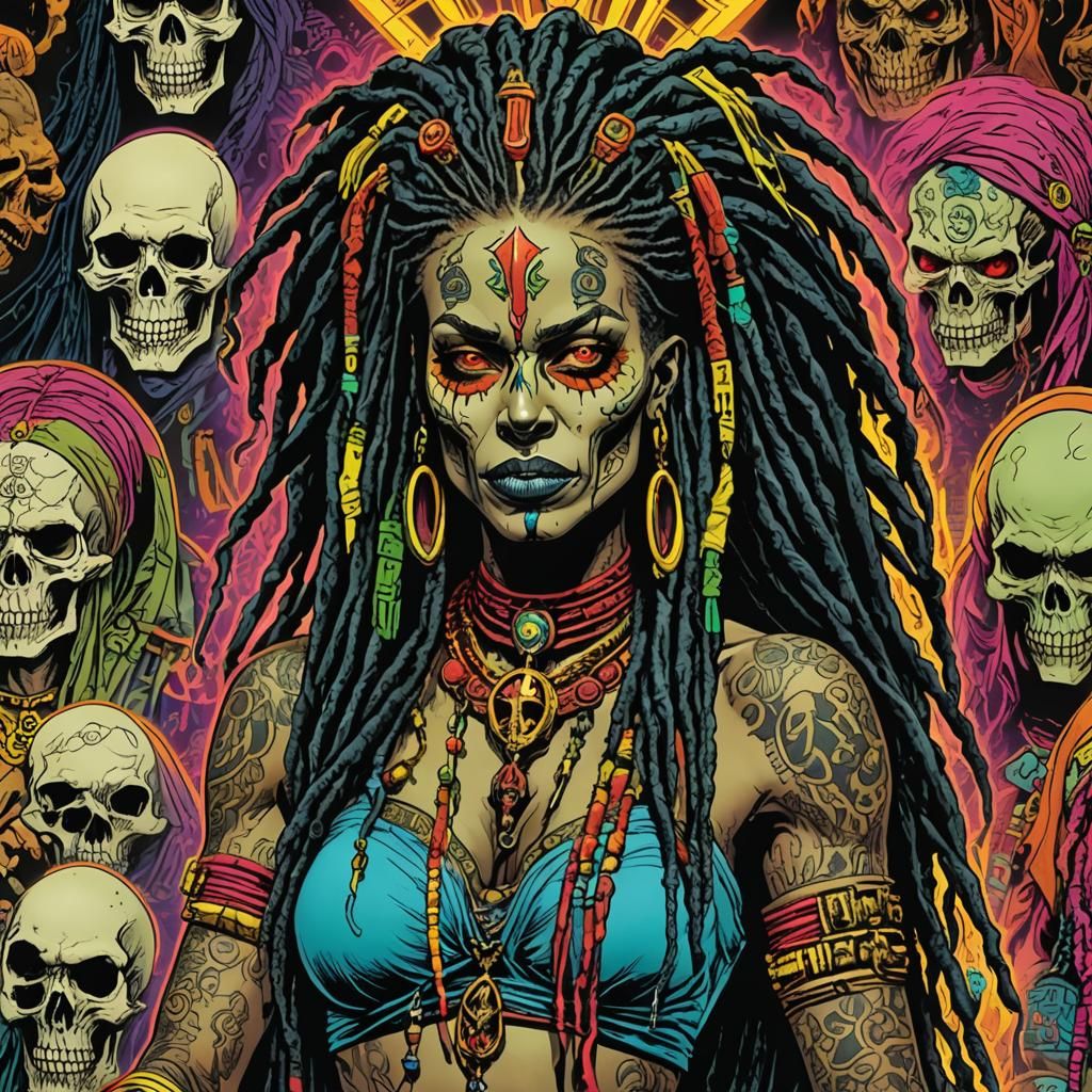 Voodoo Priestess with Neon Dreadlocks in Comic Book Style