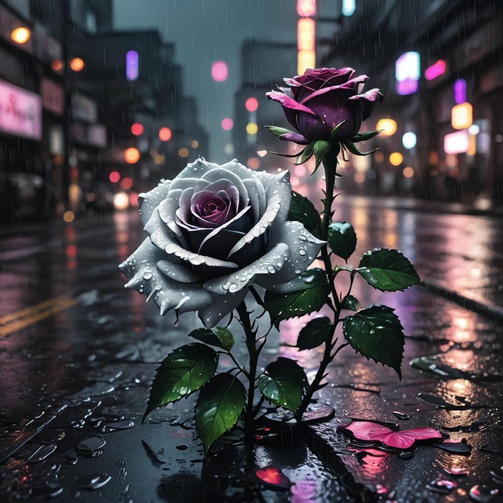Cyberpunk Roses in Neon Noir Cityscape