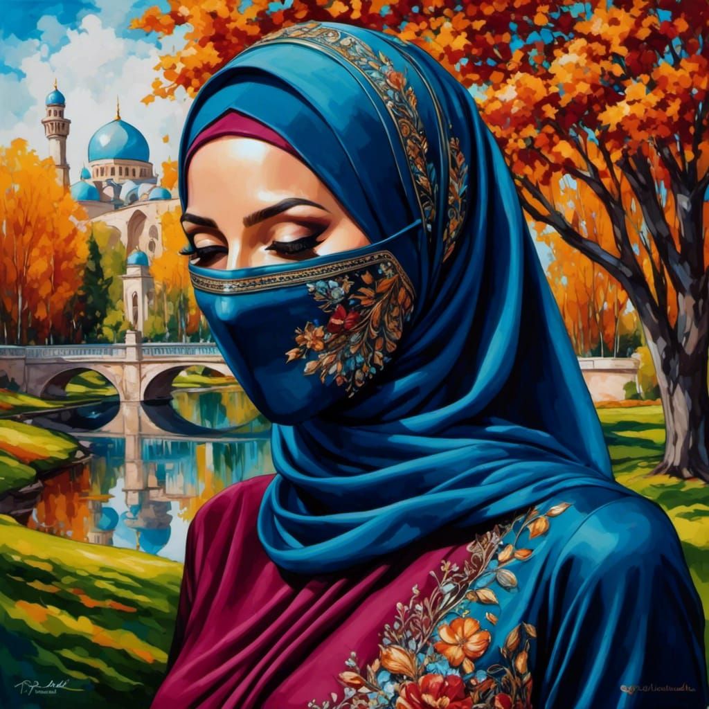 European Woman in Hijab Portrait as Oil Painting
