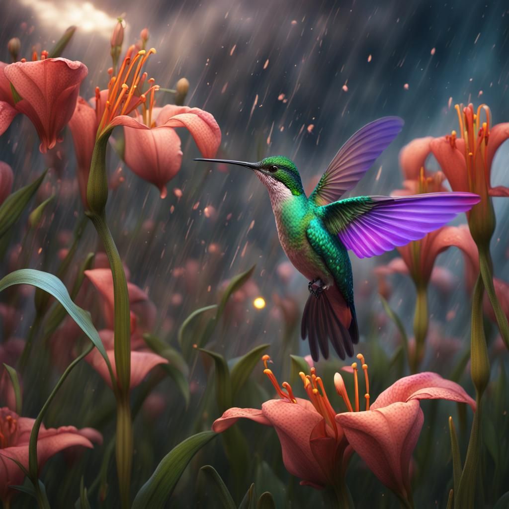Holographic Hummingbird in Stormy Flower Field