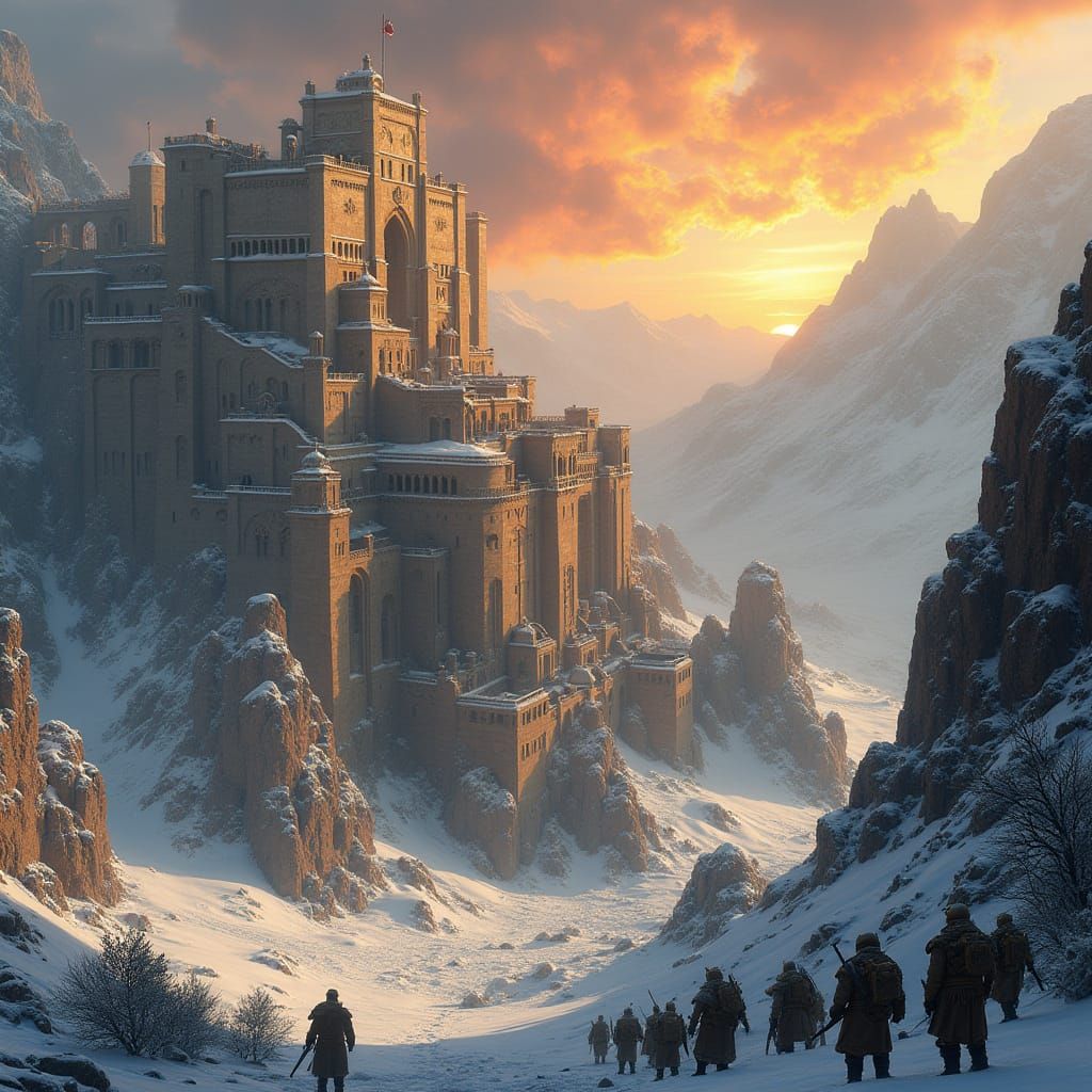 Imposing Fortress on Snow-Covered Mountain in Cyberpunk Styl...