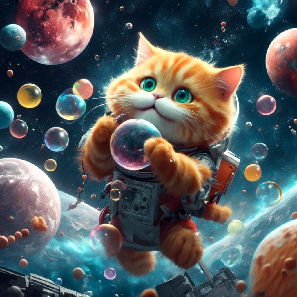 Ginger Cat Blows Bubbles in Space: Detailed Digital Art