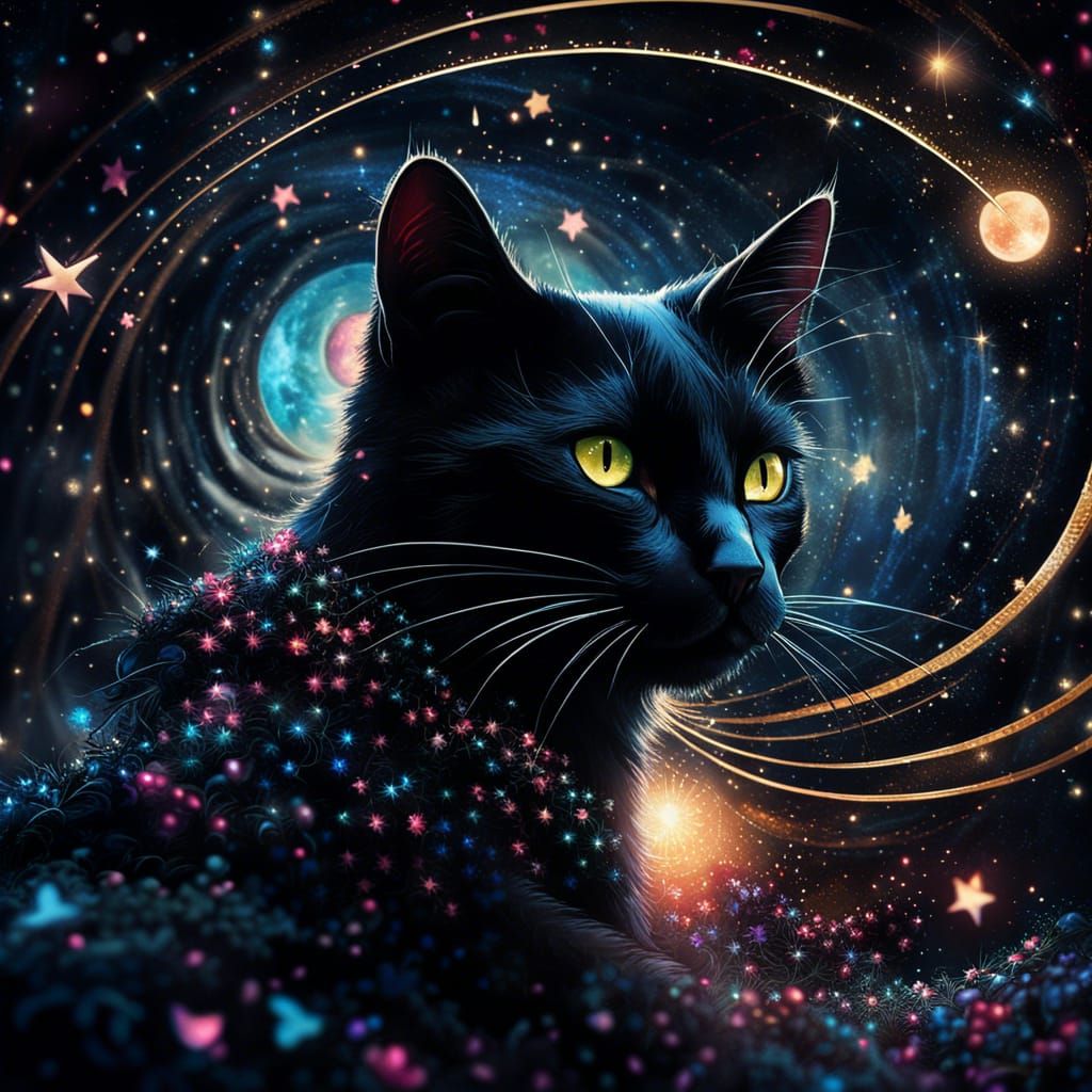 Black Cat in Midnight Starry Fantasy Dreamscape