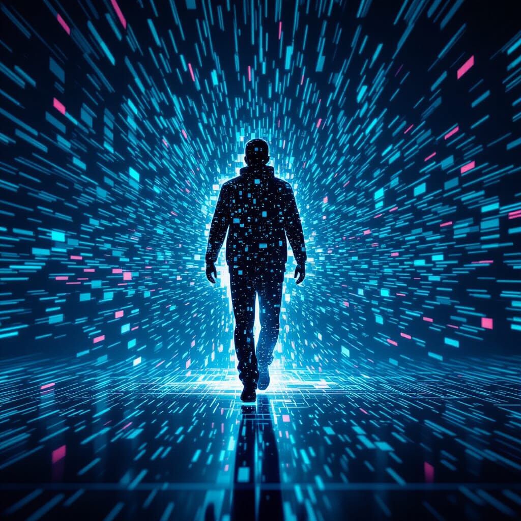 A figure caught mid-glitch in a digital world.