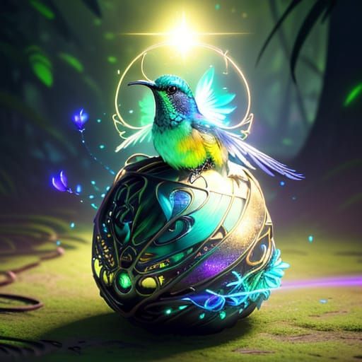 Biomechanical Hummingbird in Luminous Jungle Bloom