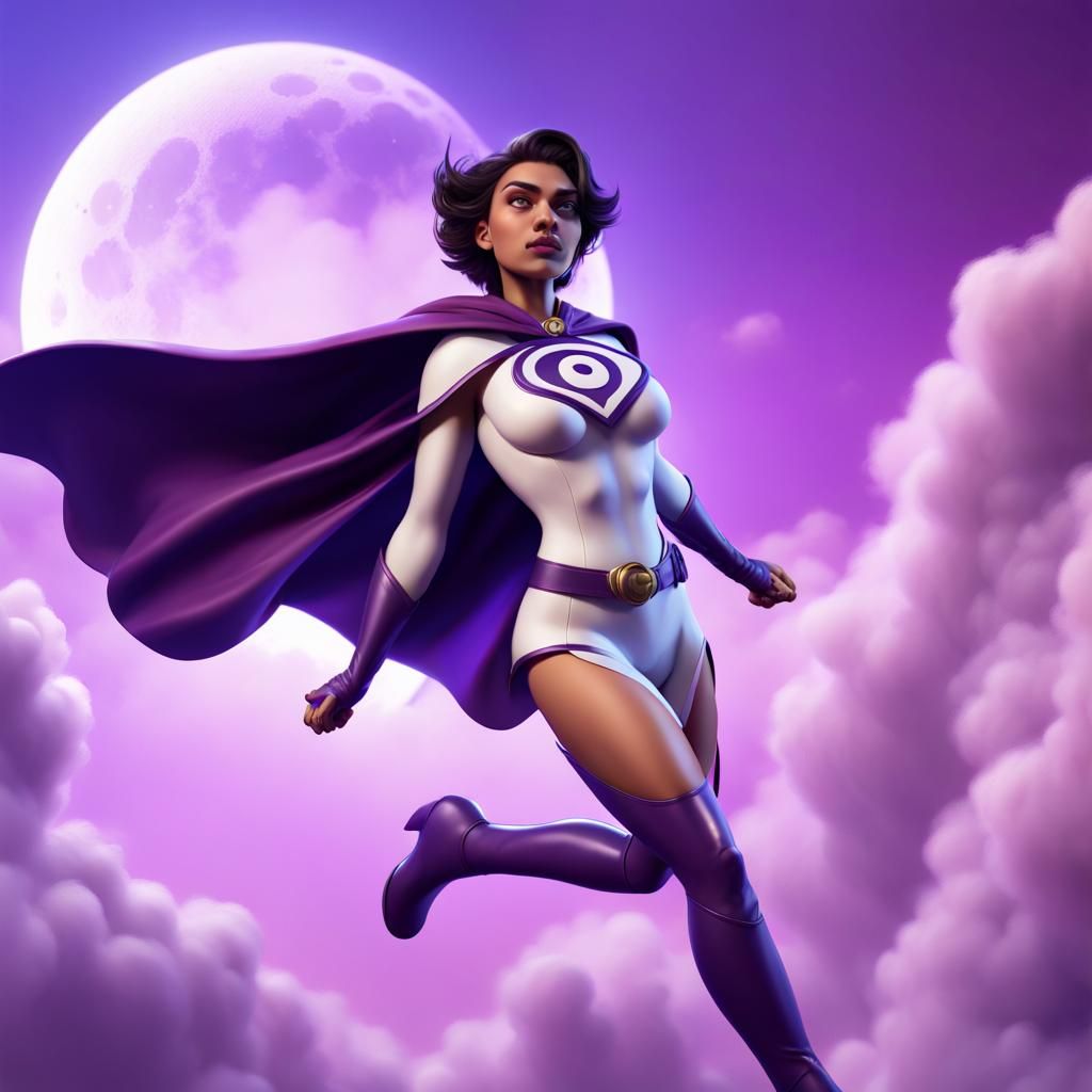 Purple Caped Superheroine Flying Through Clouds: 3D Digital ...