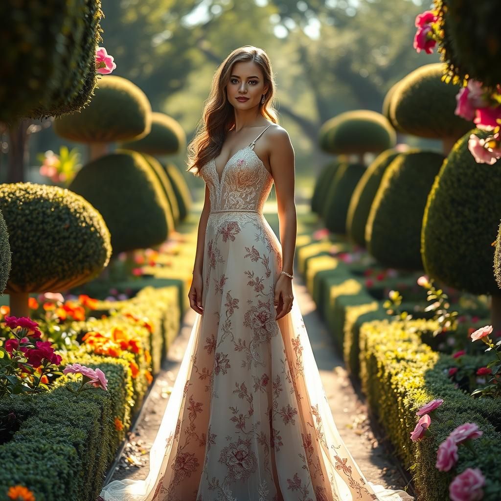 Woman in Floral Gown in Lush Garden