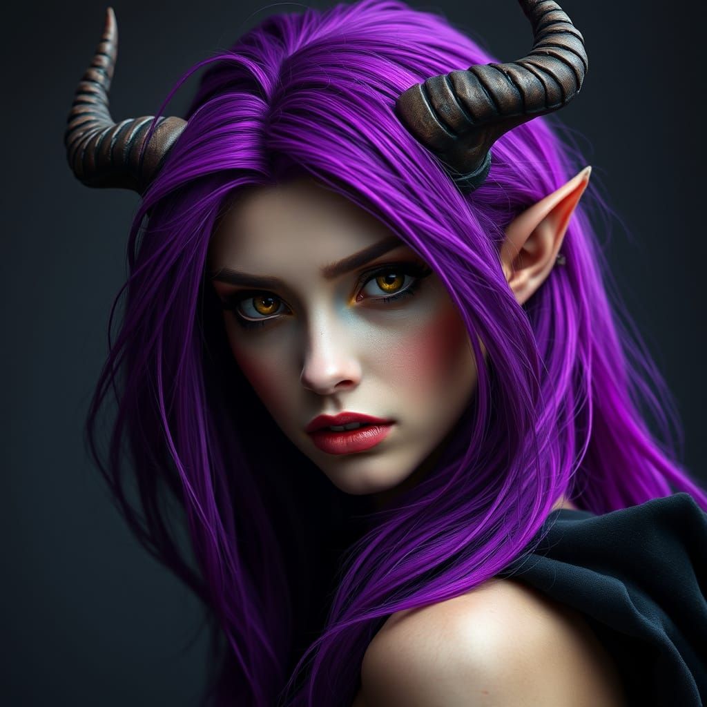 Elegant Tiefling Warlock with Plum-Purple Hair and Golden Ey...