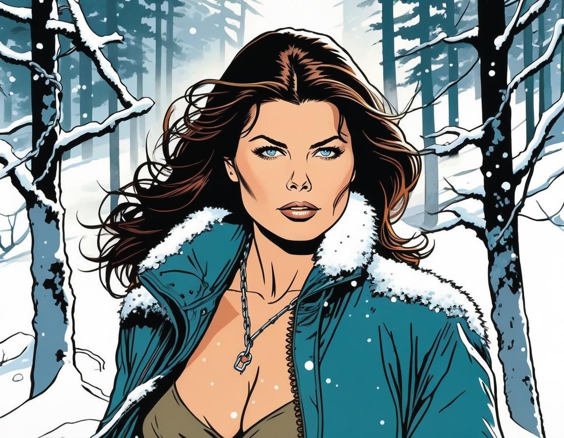 Captivating Illustration of Woman in Snowy Forest