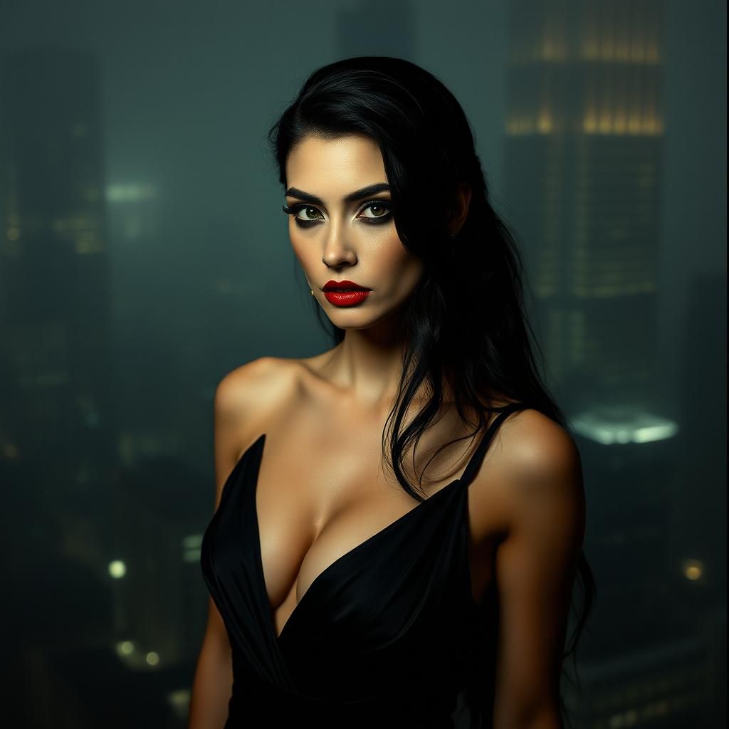 Vampire Woman in Cityscape with Film Noir Lighting