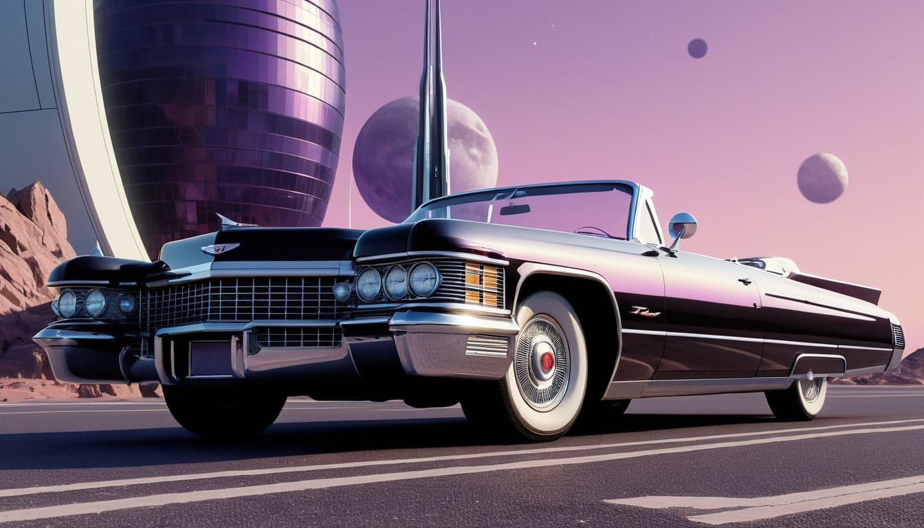Checkered Cadillac Convertible on Alien Planet in Hyperreali...
