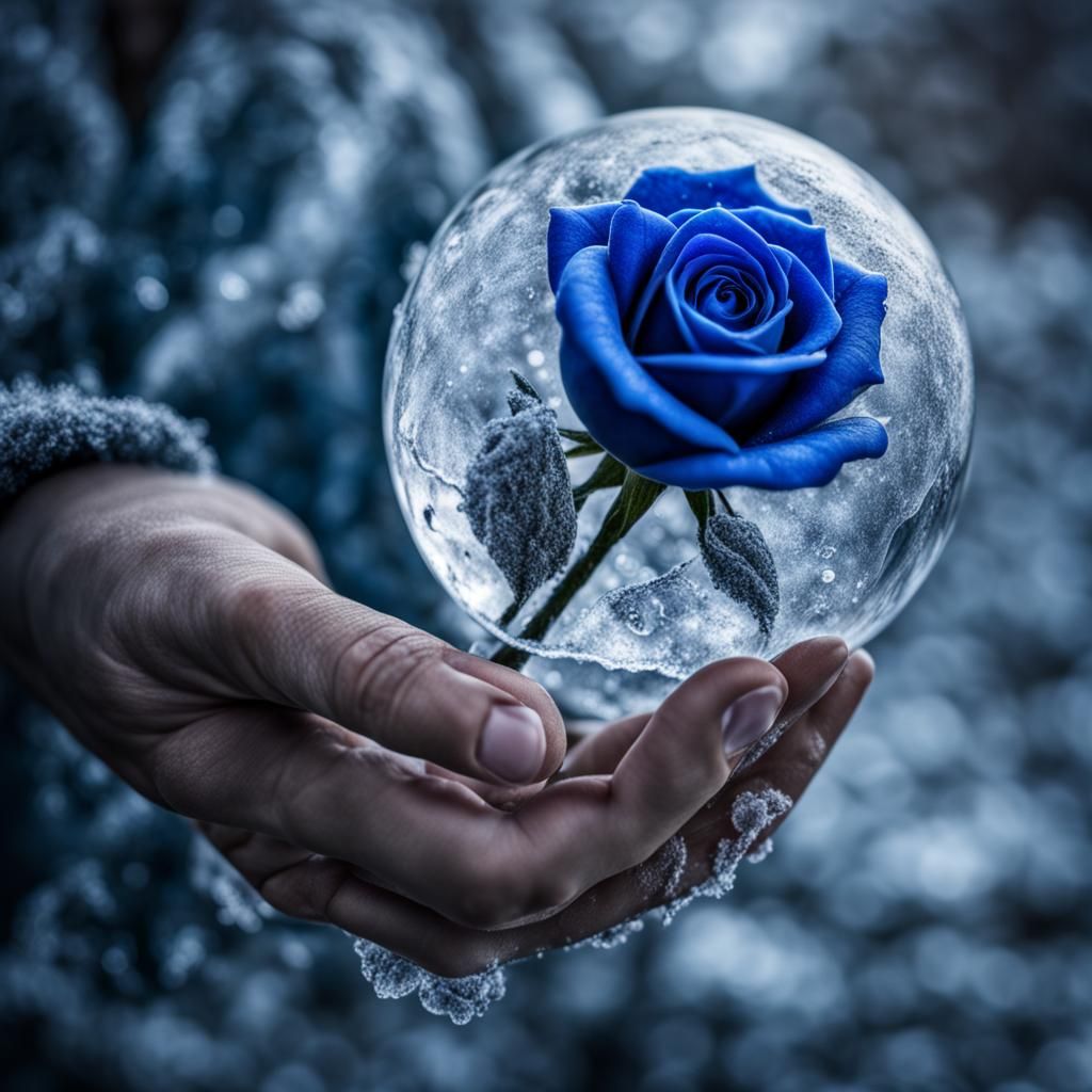 Icy Hand Holding Blue Rose in Sphere