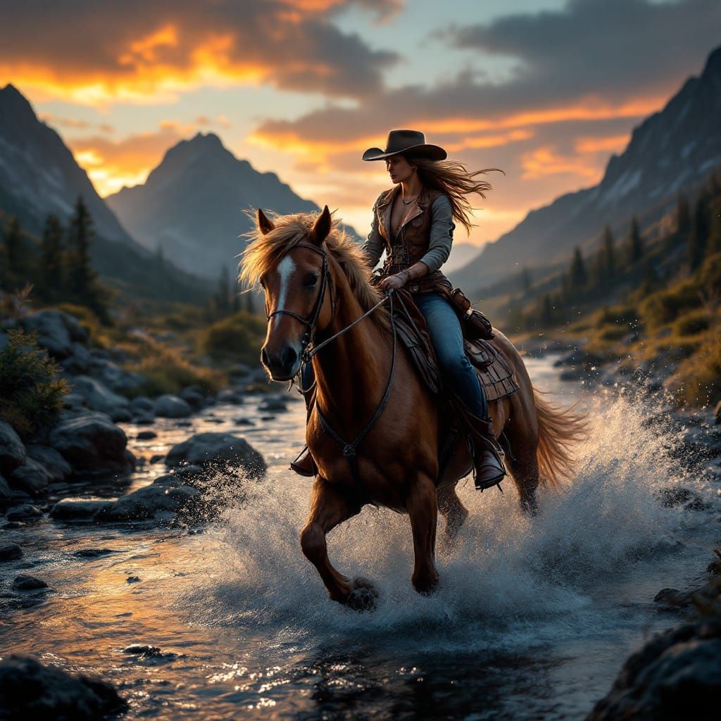 Cowgirl Rides Majestic Horse Through Mountain Stream at Dawn