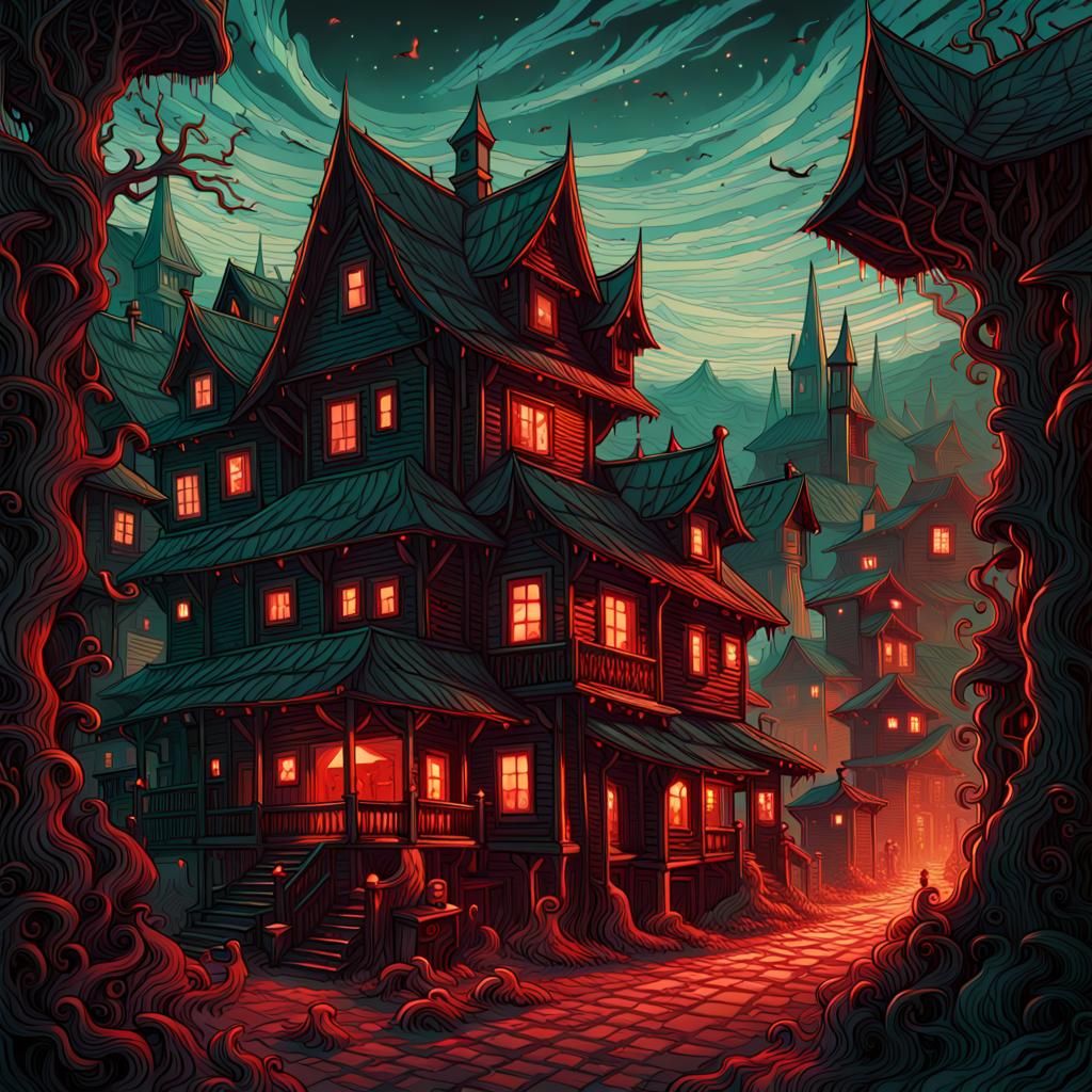 Spooky Dark Village in Hyperrealistic Style