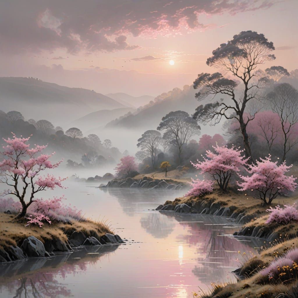 Ethereal Misty Landscape in Silvery Grey, Pink, and Gold