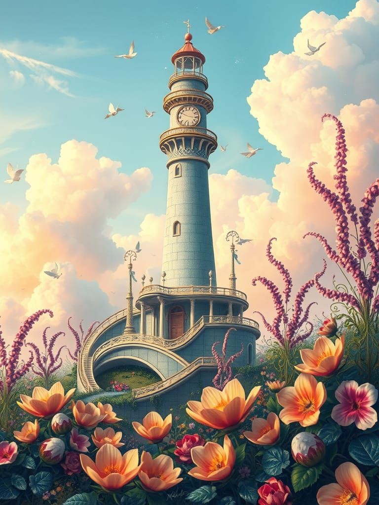 Majestic Lighthouse in Dreamlike Pointillist Landscape