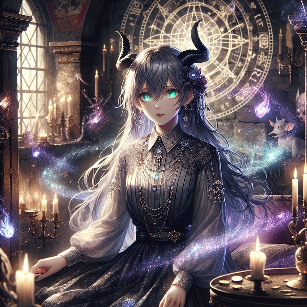 A stunning anime demon girl slowly awakening from a deep, ma...